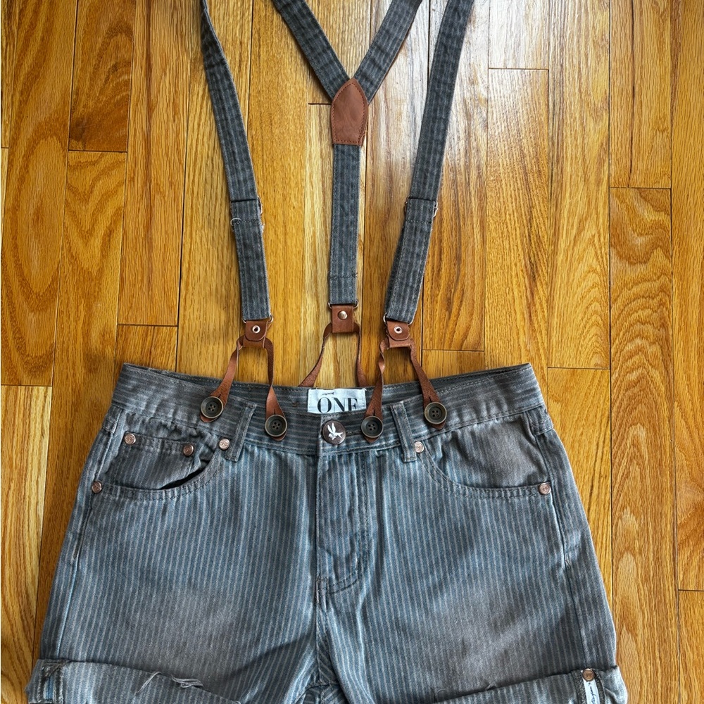 Gray Striped Women's Shorts with Suspenders